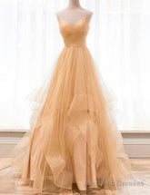 Custom Made Gold V Neck Tulle Long Prom Dress, Evening Dress